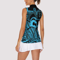 Koa Ikaika Warrior Helmet with Shark Women Sleeveless Polo Shirt Blue Kakau Style LT9 - Polynesian Pride