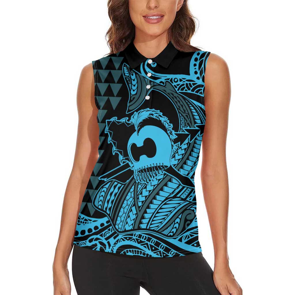 Koa Ikaika Warrior Helmet with Shark Women Sleeveless Polo Shirt Blue Kakau Style LT9 - Polynesian Pride