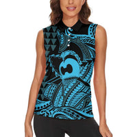 Koa Ikaika Warrior Helmet with Shark Women Sleeveless Polo Shirt Blue Kakau Style LT9 - Polynesian Pride