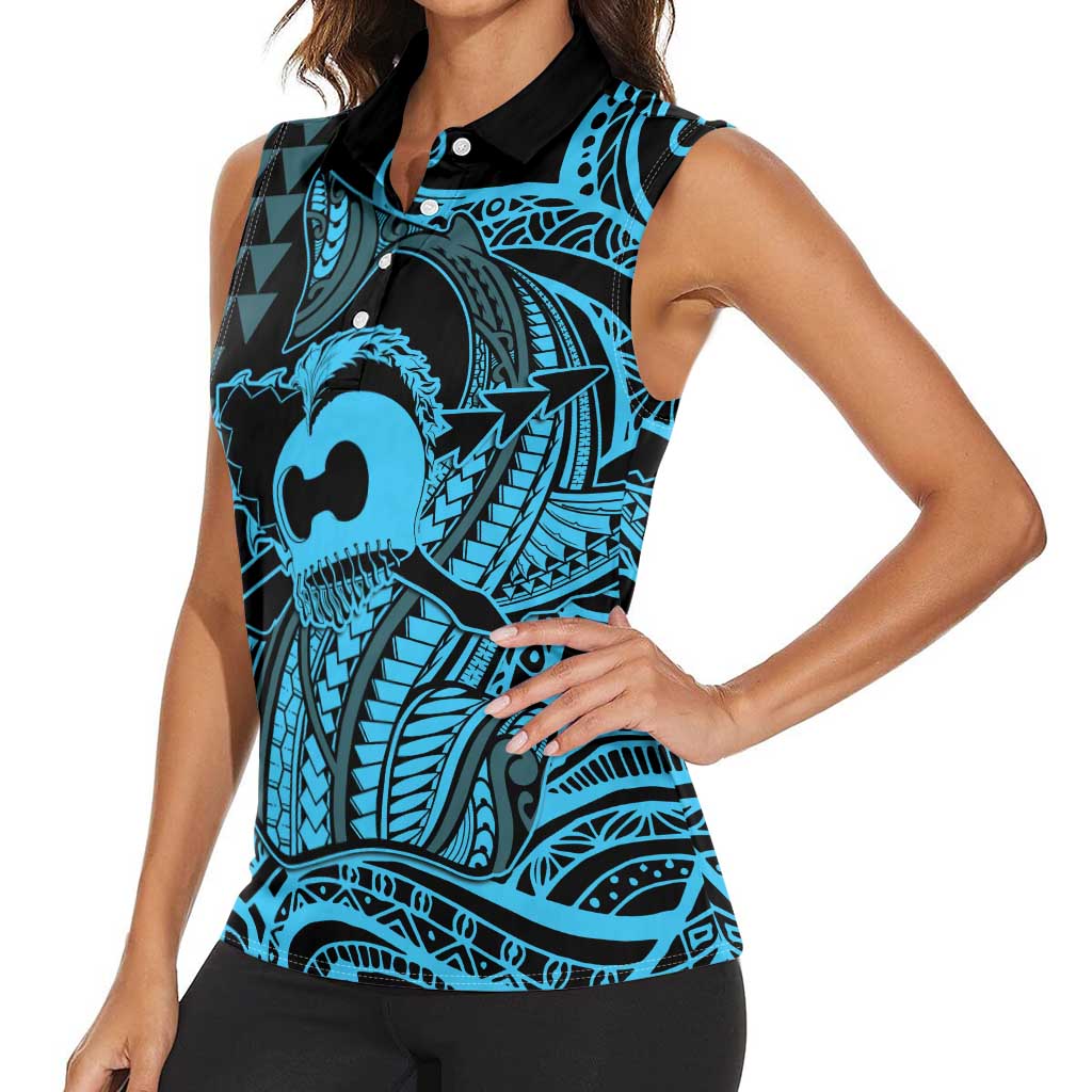 Koa Ikaika Warrior Helmet with Shark Women Sleeveless Polo Shirt Blue Kakau Style LT9 - Polynesian Pride