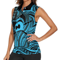 Koa Ikaika Warrior Helmet with Shark Women Sleeveless Polo Shirt Blue Kakau Style LT9 - Polynesian Pride