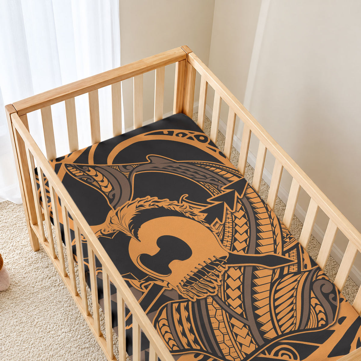 Koa Ikaika Warrior Helmet with Shark Baby Bed Cover Gold Kakau Style LT9 - Polynesian Pride