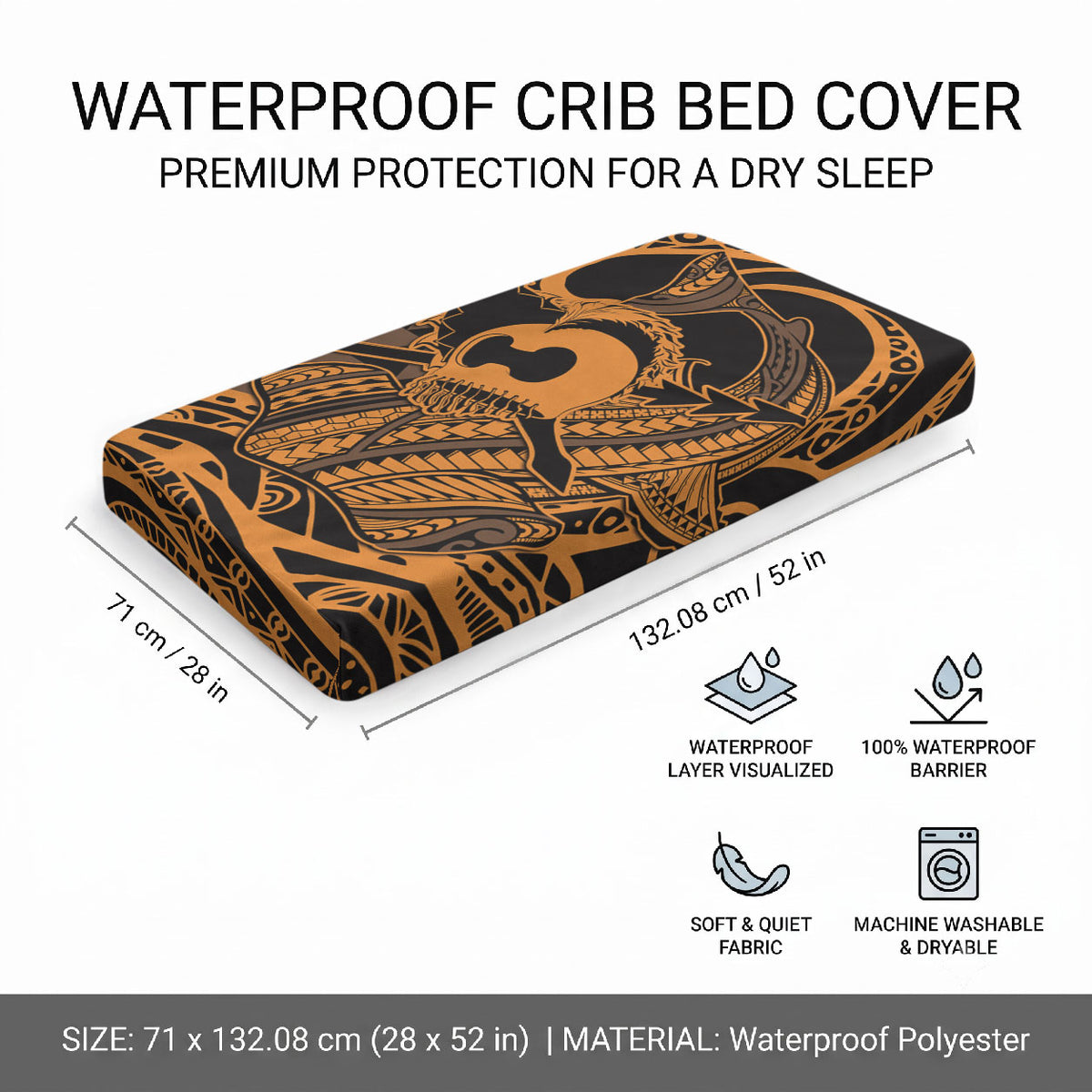 Koa Ikaika Warrior Helmet with Shark Baby Bed Cover Gold Kakau Style LT9 - Polynesian Pride