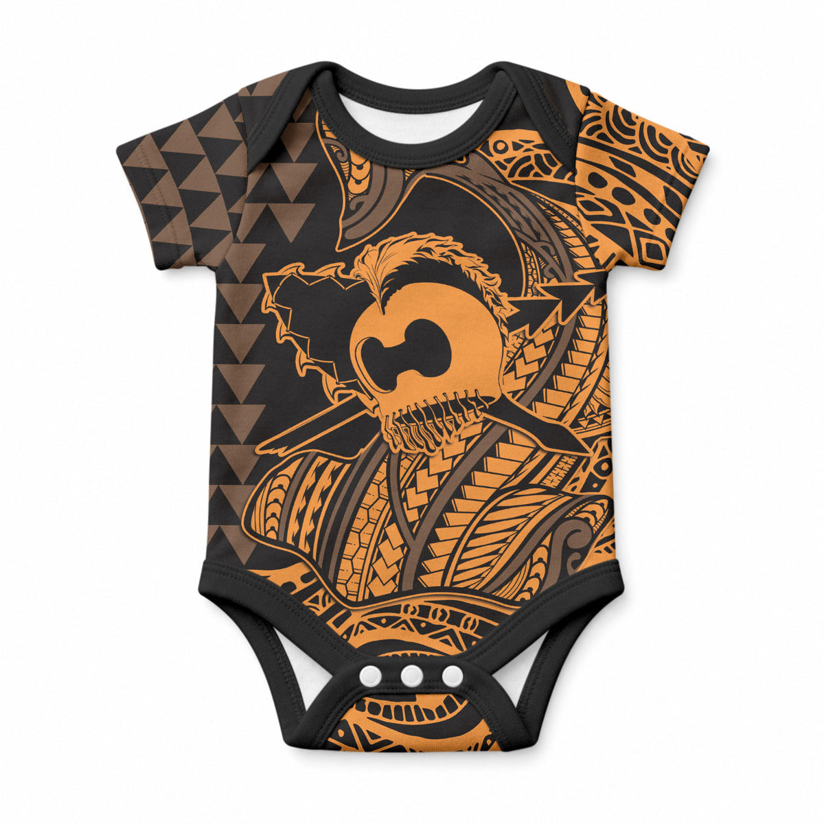 Koa Ikaika Warrior Helmet with Shark Baby Onesie Gold Kakau Style LT9 Gold - Polynesian Pride