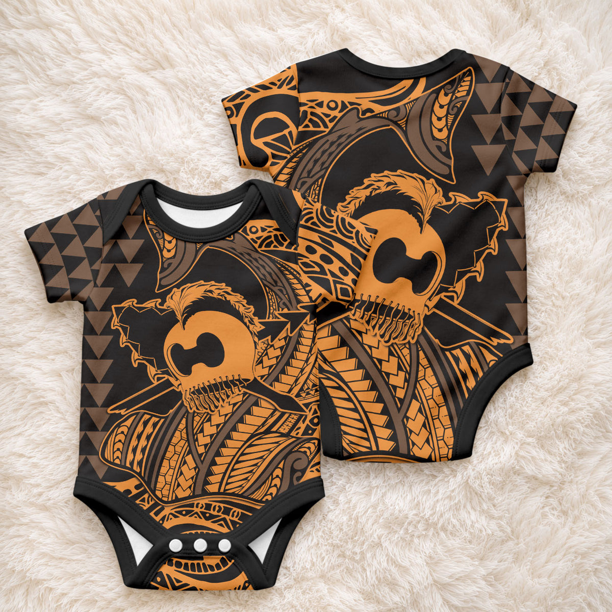 Koa Ikaika Warrior Helmet with Shark Baby Onesie Gold Kakau Style LT9 - Polynesian Pride