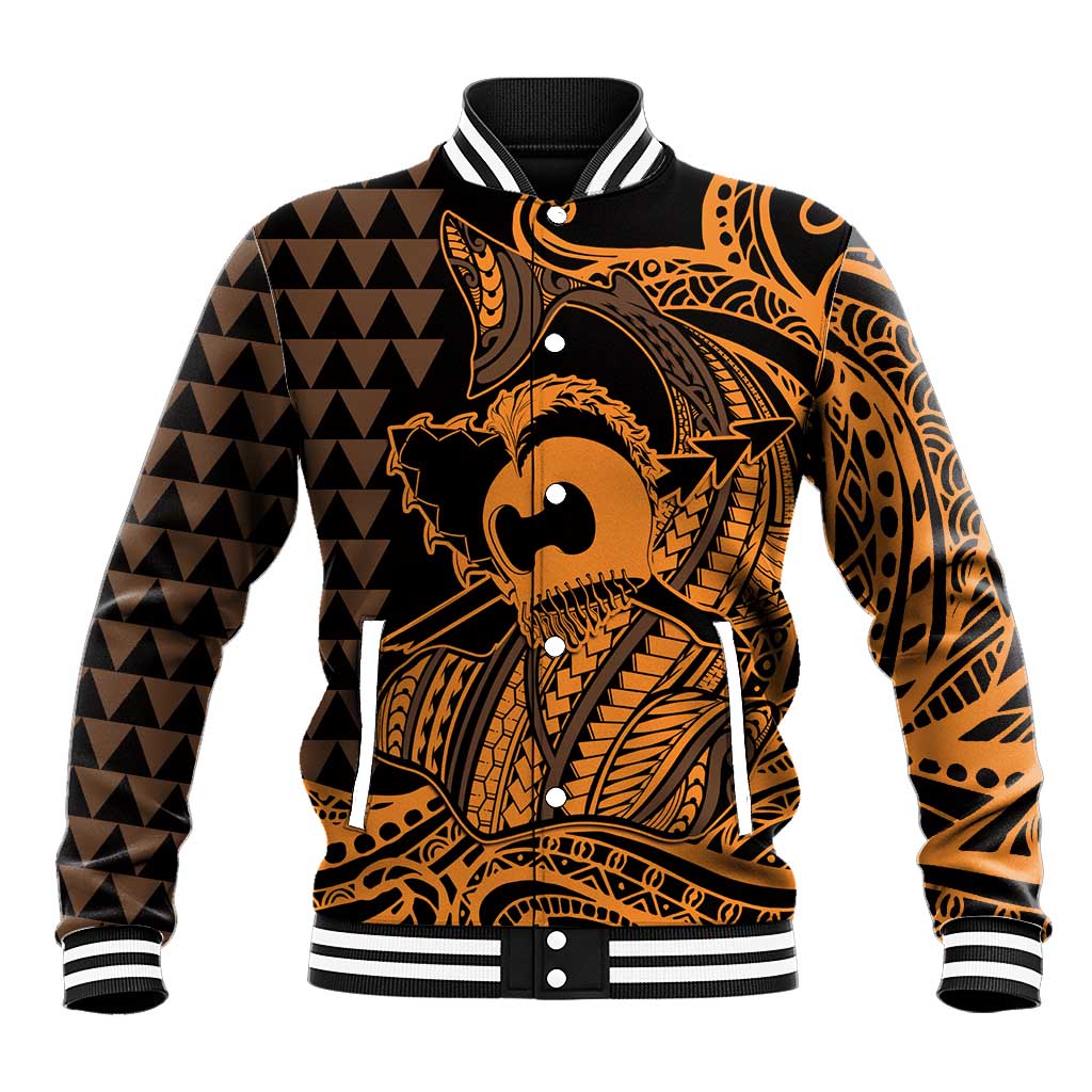 Koa Ikaika Warrior Helmet with Shark Baseball Jacket Gold Kakau Style