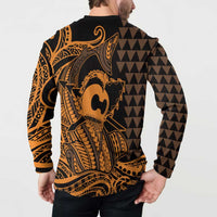 Koa Ikaika Warrior Helmet with Shark Button Sweatshirt Gold Kakau Style