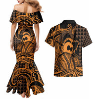 Koa Ikaika Warrior Helmet with Shark Couples Matching Mermaid Dress and Hawaiian Shirt Gold Kakau Style