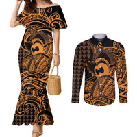Koa Ikaika Warrior Helmet with Shark Couples Matching Mermaid Dress and Long Sleeve Button Shirt Gold Kakau Style