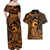 Koa Ikaika Warrior Helmet with Shark Couples Matching Off Shoulder Maxi Dress and Hawaiian Shirt Gold Kakau Style