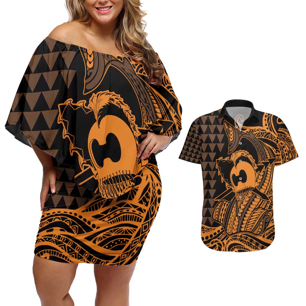 Koa Ikaika Warrior Helmet with Shark Couples Matching Off Shoulder Short Dress and Hawaiian Shirt Gold Kakau Style
