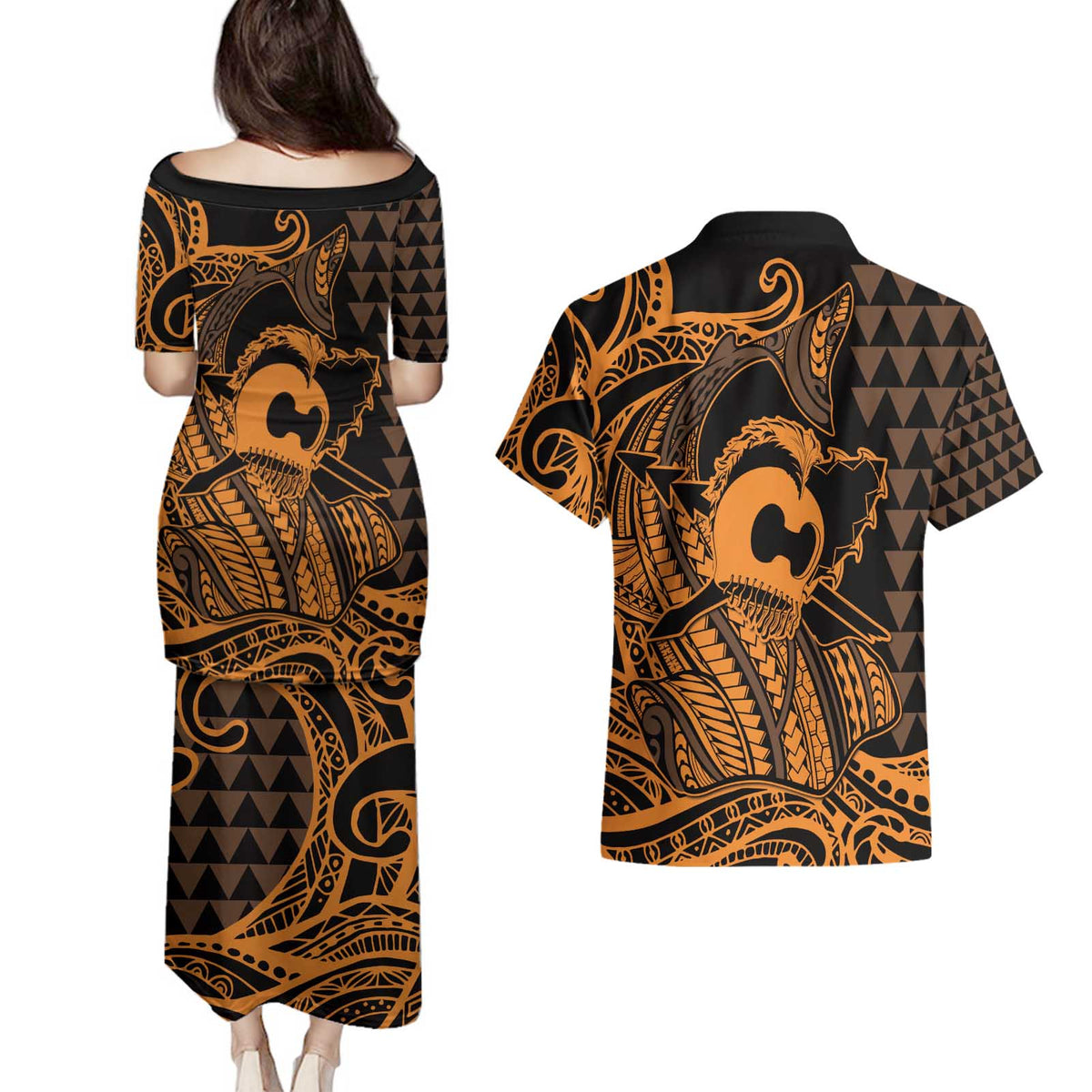 Koa Ikaika Warrior Helmet with Shark Couples Matching Puletasi and Hawaiian Shirt Gold Kakau Style