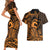 Koa Ikaika Warrior Helmet with Shark Couples Matching Short Sleeve Bodycon Dress and Hawaiian Shirt Gold Kakau Style