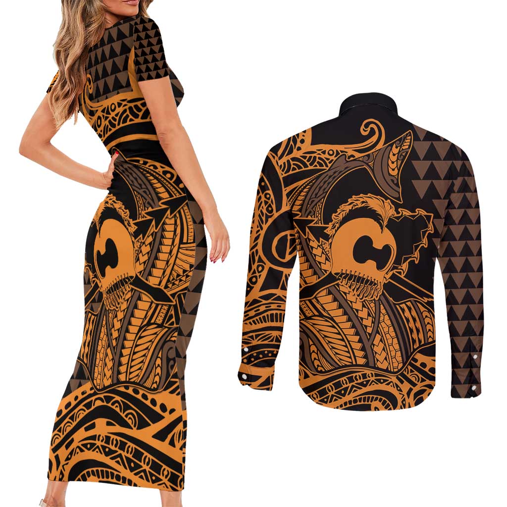 Koa Ikaika Warrior Helmet with Shark Couples Matching Short Sleeve Bodycon Dress and Long Sleeve Button Shirt Gold Kakau Style