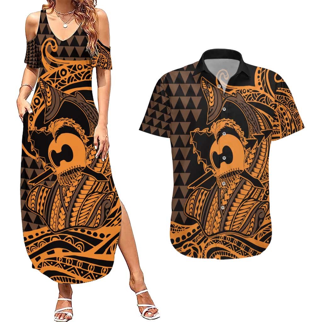 Koa Ikaika Warrior Helmet with Shark Couples Matching Summer Maxi Dress and Hawaiian Shirt Gold Kakau Style