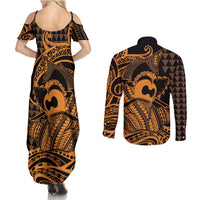 Koa Ikaika Warrior Helmet with Shark Couples Matching Summer Maxi Dress and Long Sleeve Button Shirt Gold Kakau Style