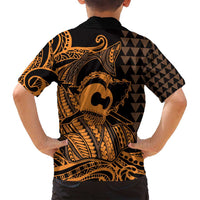 Koa Ikaika Warrior Helmet with Shark Family Matching Long Sleeve Bodycon Dress and Hawaiian Shirt Gold Kakau Style LT9 - Polynesian Pride