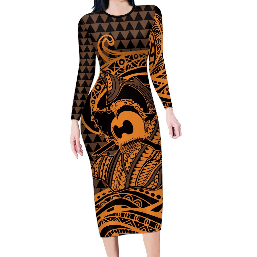 Koa Ikaika Warrior Helmet with Shark Family Matching Long Sleeve Bodycon Dress and Hawaiian Shirt Gold Kakau Style LT9 Mom's Dress Gold - Polynesian Pride