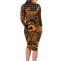 Koa Ikaika Warrior Helmet with Shark Family Matching Long Sleeve Bodycon Dress and Hawaiian Shirt Gold Kakau Style LT9 - Polynesian Pride