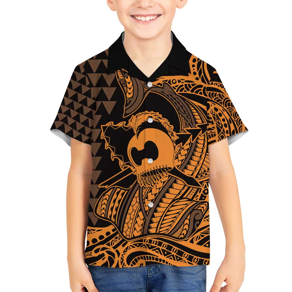 Koa Ikaika Warrior Helmet with Shark Family Matching Long Sleeve Bodycon Dress and Hawaiian Shirt Gold Kakau Style LT9 Son's Shirt Gold - Polynesian Pride