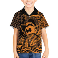 Koa Ikaika Warrior Helmet with Shark Family Matching Long Sleeve Bodycon Dress and Hawaiian Shirt Gold Kakau Style LT9 Son's Shirt Gold - Polynesian Pride