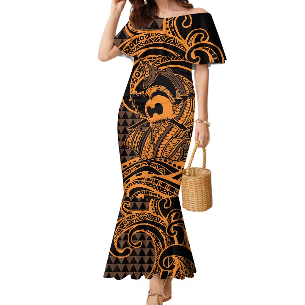 Koa Ikaika Warrior Helmet with Shark Family Matching Mermaid Dress and Hawaiian Shirt Gold Kakau Style