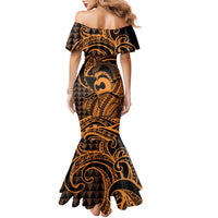 Koa Ikaika Warrior Helmet with Shark Family Matching Mermaid Dress and Hawaiian Shirt Gold Kakau Style