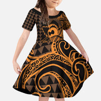 Koa Ikaika Warrior Helmet with Shark Family Matching Off The Shoulder Long Sleeve Dress and Hawaiian Shirt Gold Kakau Style LT9 Daughter's Dress Gold - Polynesian Pride