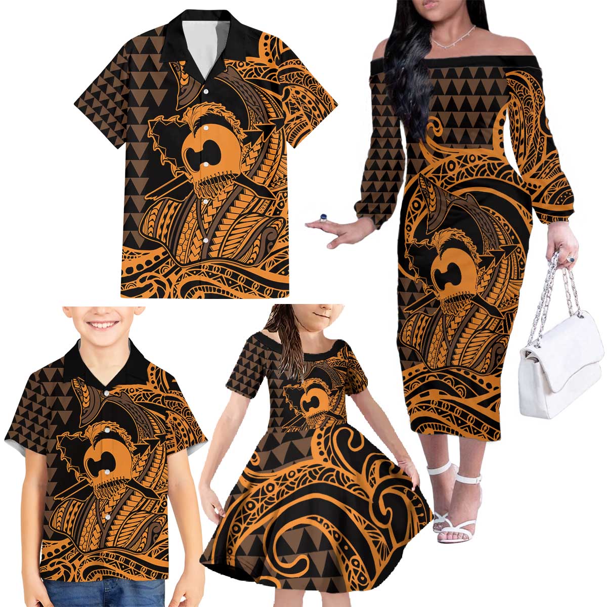 Koa Ikaika Warrior Helmet with Shark Family Matching Off The Shoulder Long Sleeve Dress and Hawaiian Shirt Gold Kakau Style LT9 - Polynesian Pride