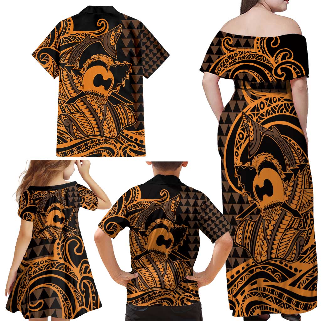 Koa Ikaika Warrior Helmet with Shark Family Matching Off Shoulder Maxi Dress and Hawaiian Shirt Gold Kakau Style