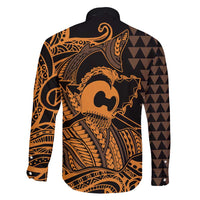 Koa Ikaika Warrior Helmet with Shark Family Matching Off Shoulder Maxi Dress and Hawaiian Shirt Gold Kakau Style