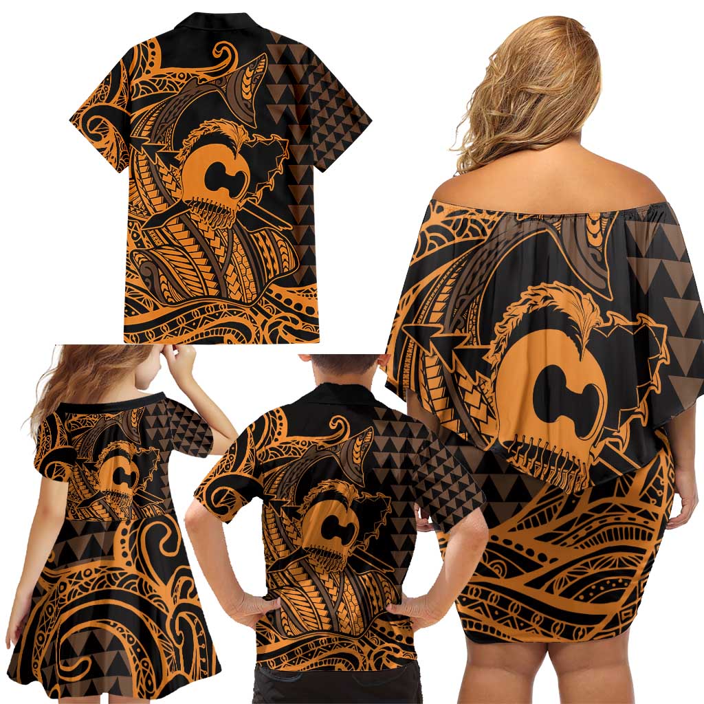 Koa Ikaika Warrior Helmet with Shark Family Matching Off Shoulder Short Dress and Hawaiian Shirt Gold Kakau Style