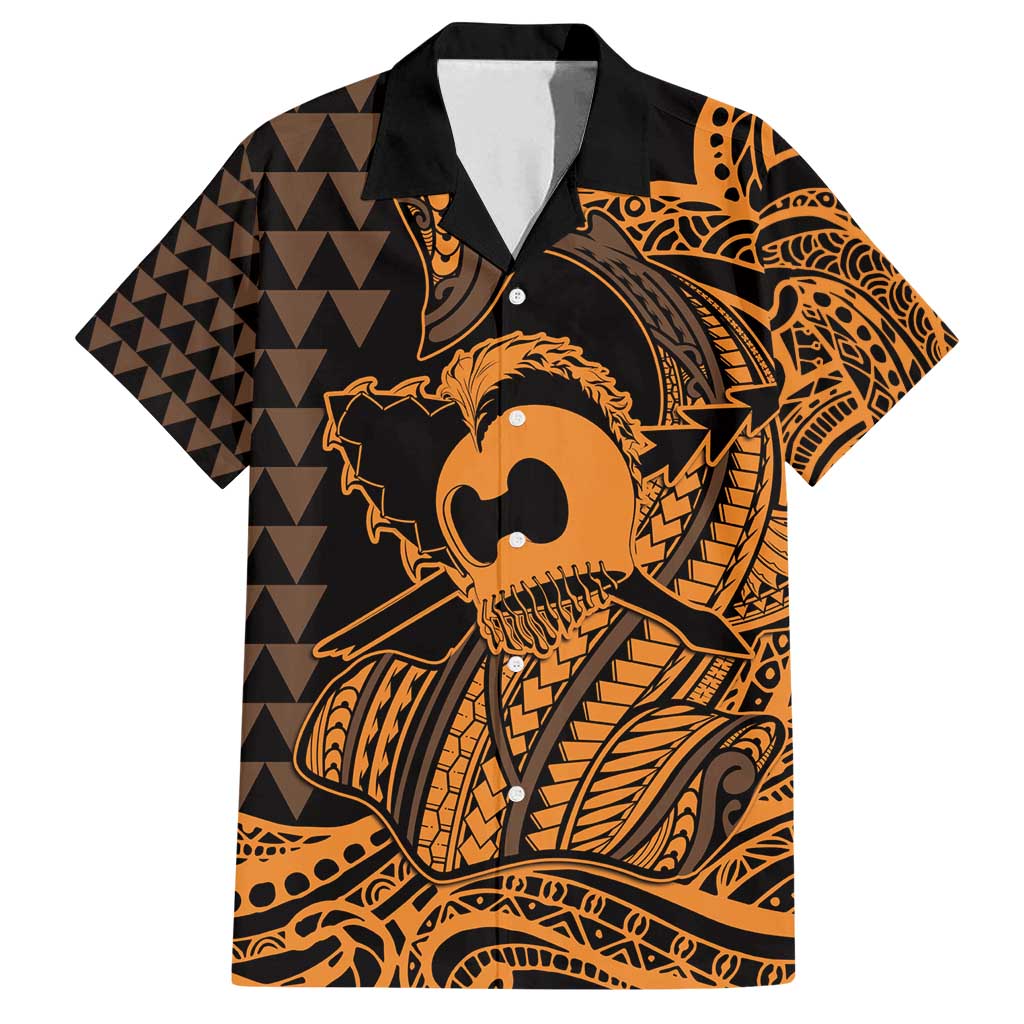 Koa Ikaika Warrior Helmet with Shark Family Matching Off Shoulder Short Dress and Hawaiian Shirt Gold Kakau Style