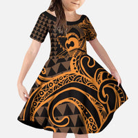 Koa Ikaika Warrior Helmet with Shark Family Matching Puletasi and Hawaiian Shirt Gold Kakau Style LT9 Daughter's Dress Gold - Polynesian Pride