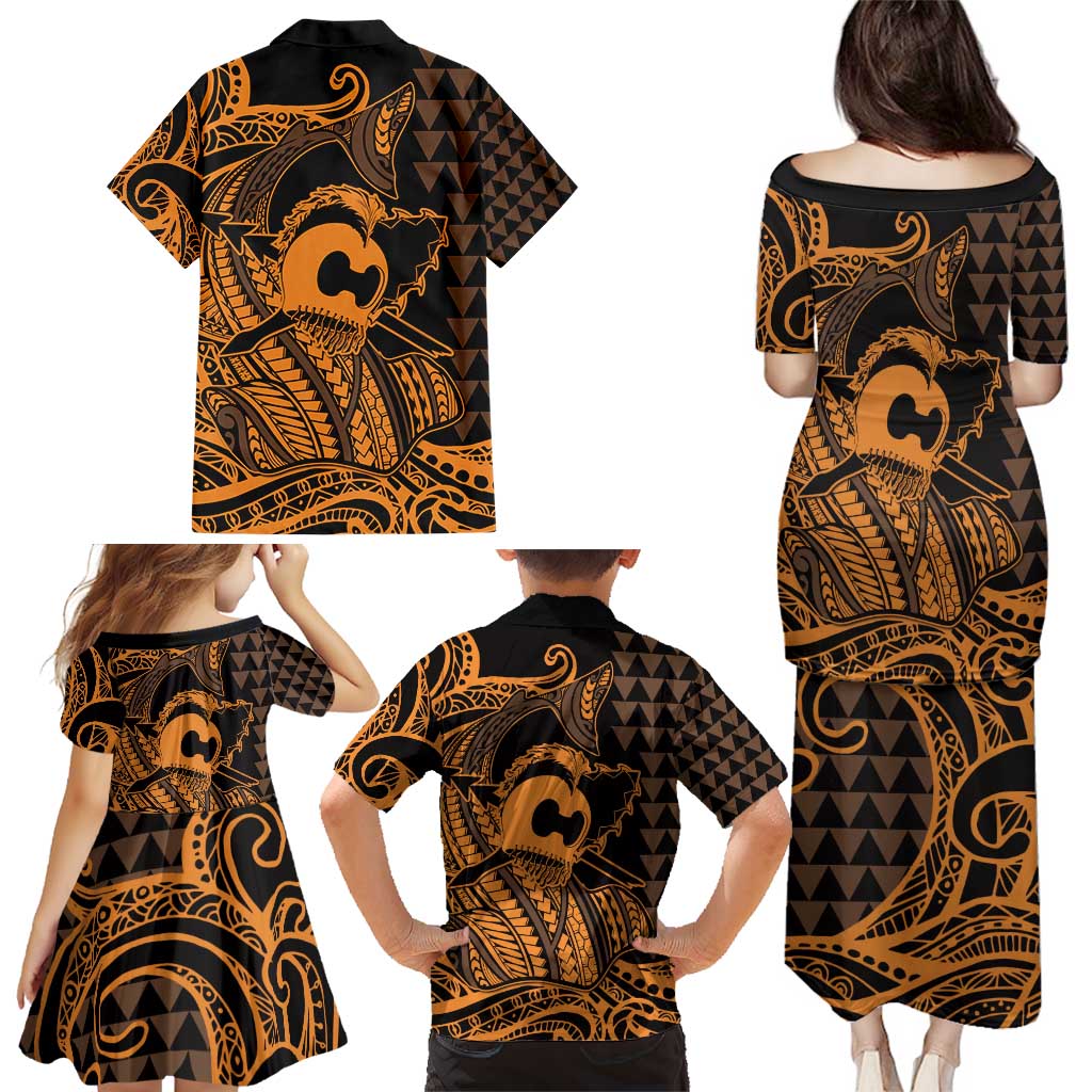 Koa Ikaika Warrior Helmet with Shark Family Matching Puletasi and Hawaiian Shirt Gold Kakau Style LT9 - Polynesian Pride