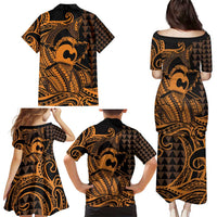 Koa Ikaika Warrior Helmet with Shark Family Matching Puletasi and Hawaiian Shirt Gold Kakau Style LT9 - Polynesian Pride