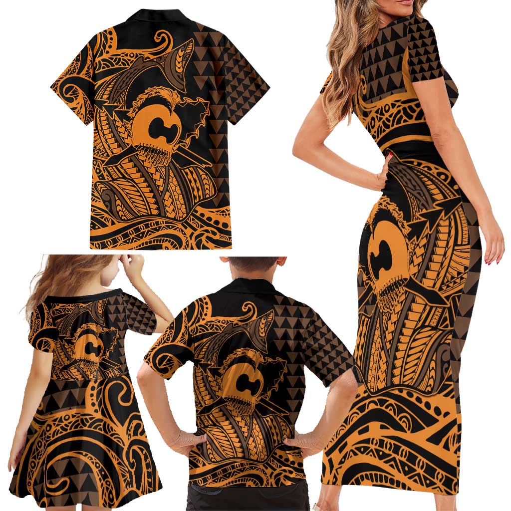 Koa Ikaika Warrior Helmet with Shark Family Matching Short Sleeve Bodycon Dress and Hawaiian Shirt Gold Kakau Style LT9 - Polynesian Pride