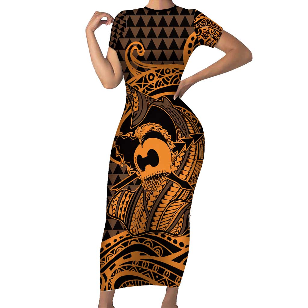 Koa Ikaika Warrior Helmet with Shark Family Matching Short Sleeve Bodycon Dress and Hawaiian Shirt Gold Kakau Style LT9 Mom's Dress Gold - Polynesian Pride