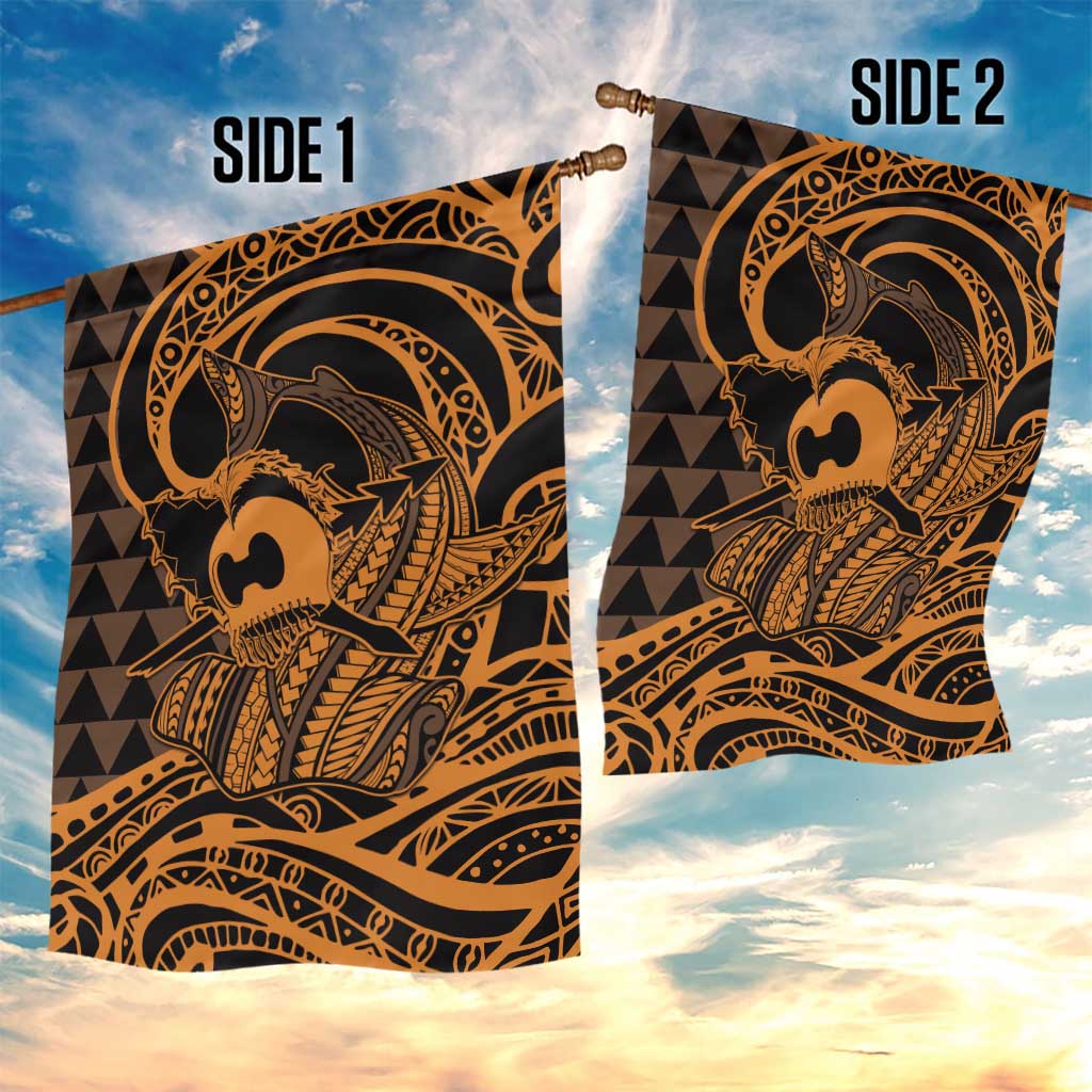 Koa Ikaika Warrior Helmet with Shark Garden Flag Gold Kakau Style
