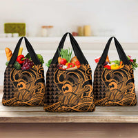 Koa Ikaika Warrior Helmet with Shark Grocery Bag Gold Kakau Style