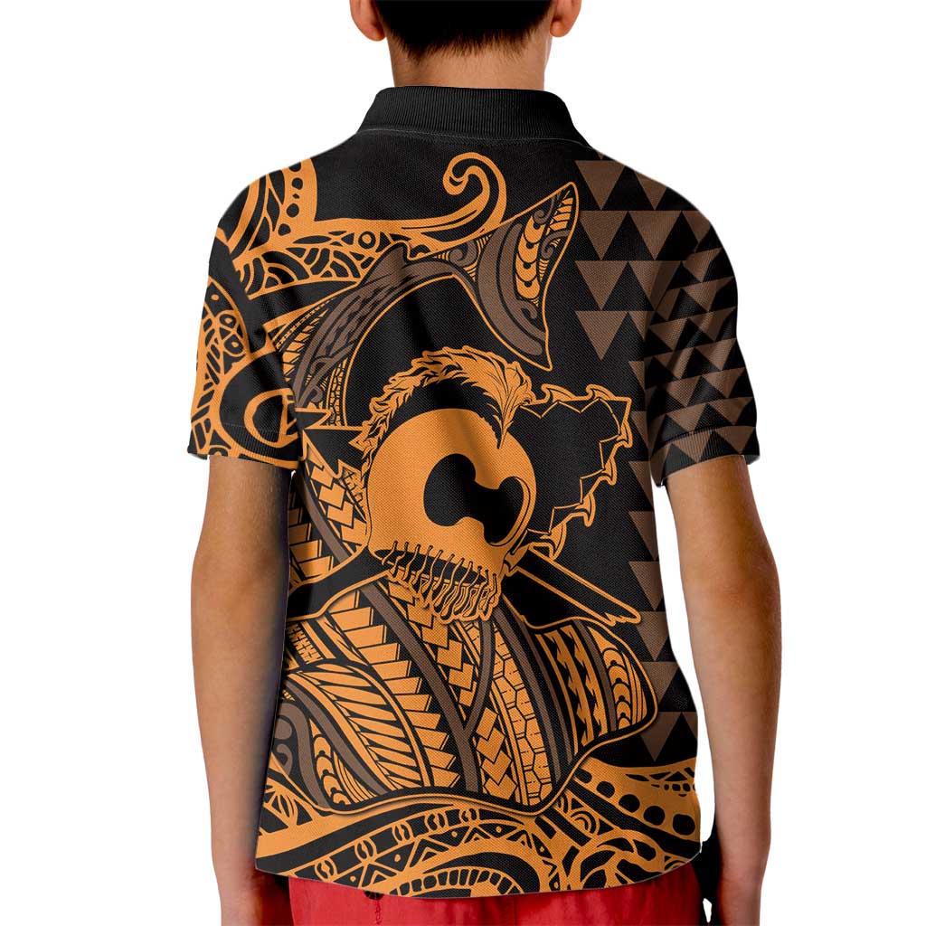 Koa Ikaika Warrior Helmet with Shark Kid Polo Shirt Gold Kakau Style
