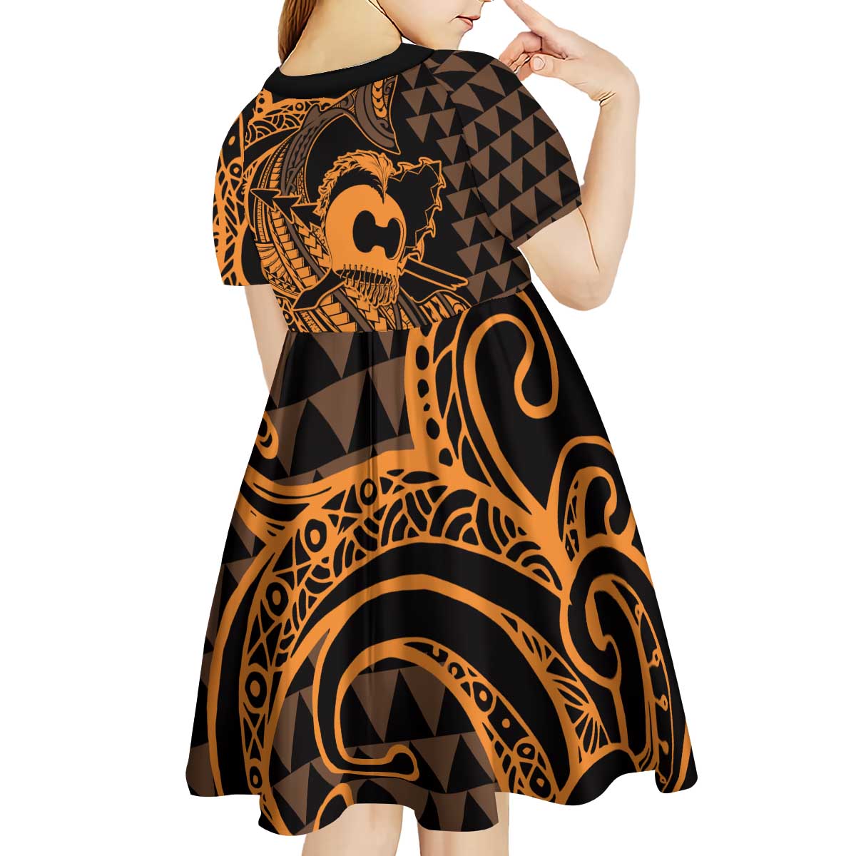 Koa Ikaika Warrior Helmet with Shark Kid Short Sleeve Dress Gold Kakau Style