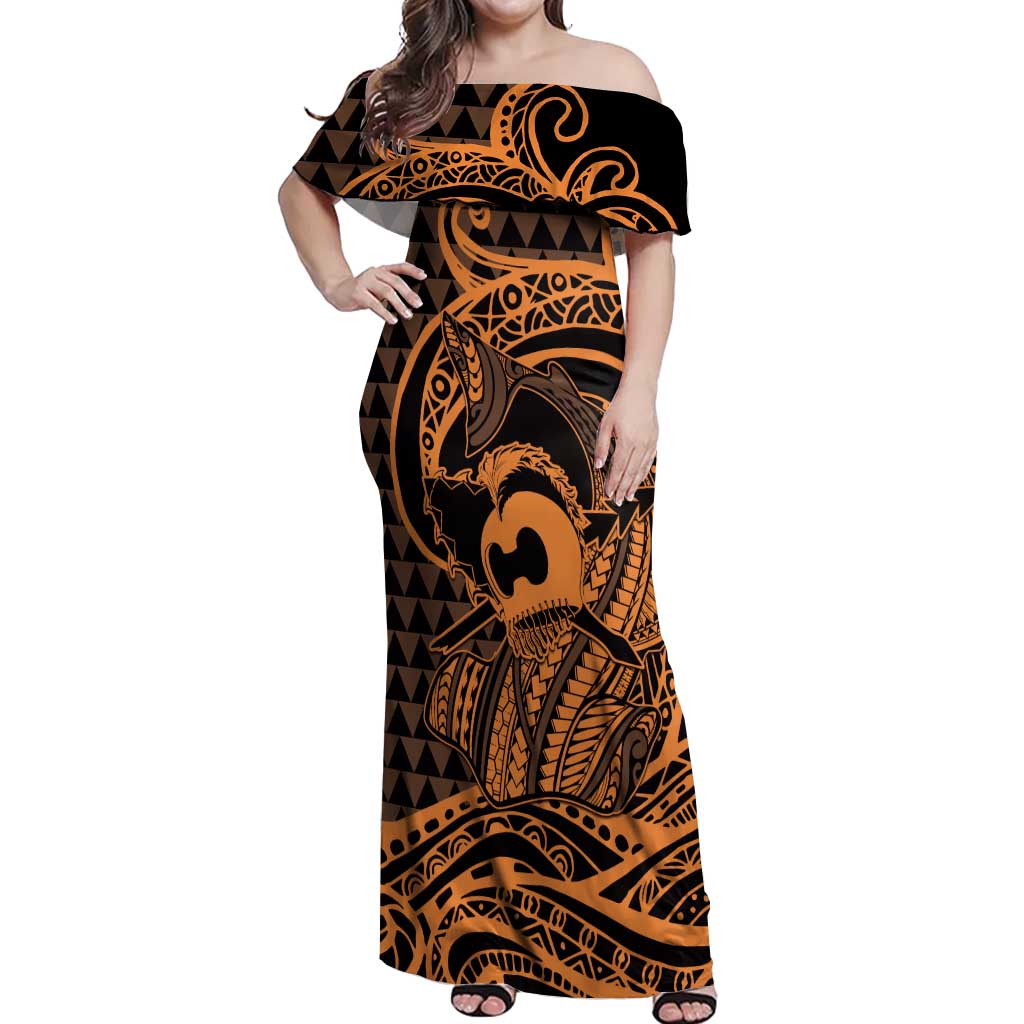 Koa Ikaika Warrior Helmet with Shark Off Shoulder Maxi Dress Gold Kakau Style