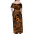 Koa Ikaika Warrior Helmet with Shark Off Shoulder Maxi Dress Gold Kakau Style