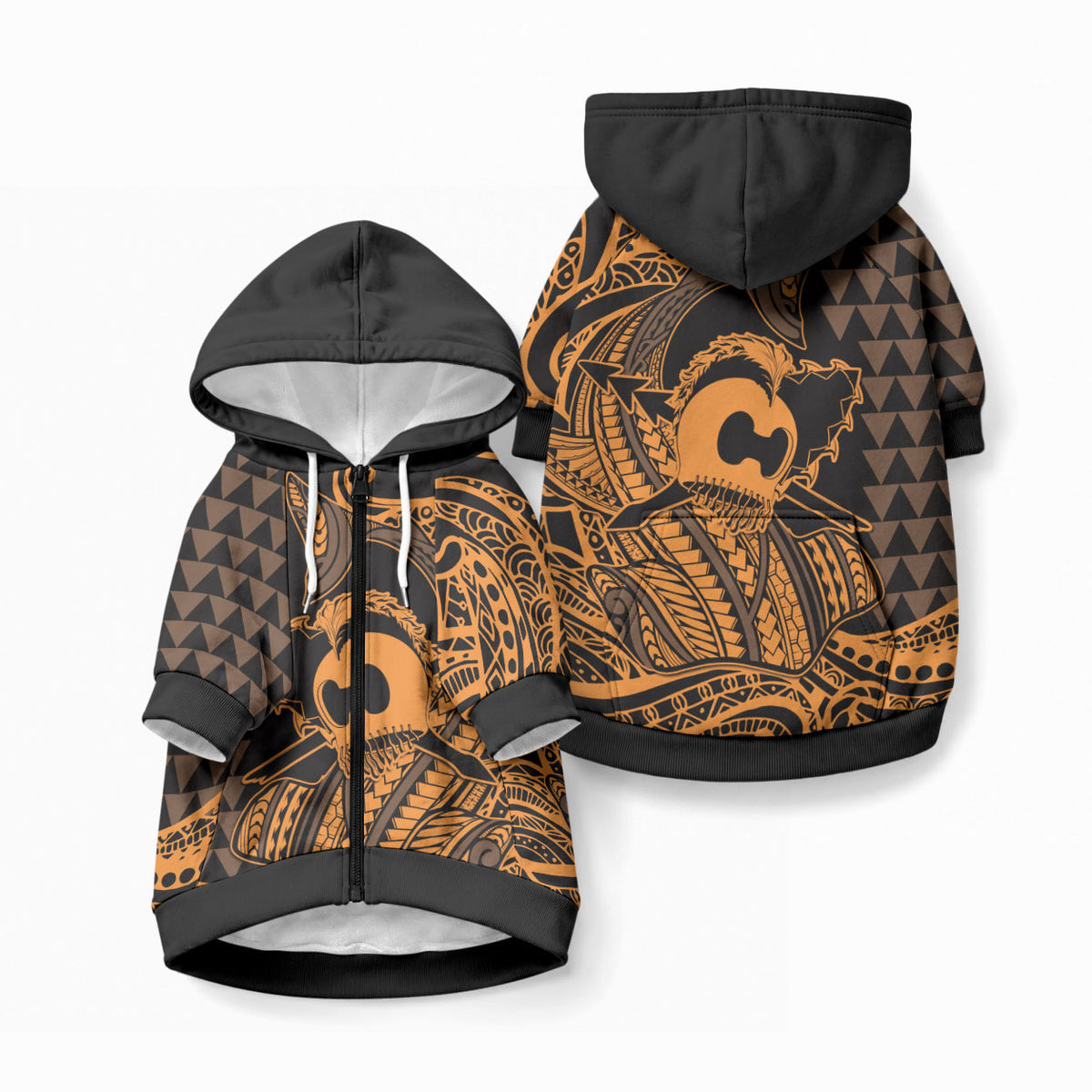 Koa Ikaika Warrior Helmet with Shark Pet Hoodie Gold Kakau Style LT9 Zip-up Gold - Polynesian Pride