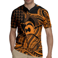 Koa Ikaika Warrior Helmet with Shark Rugby Jersey Gold Kakau Style