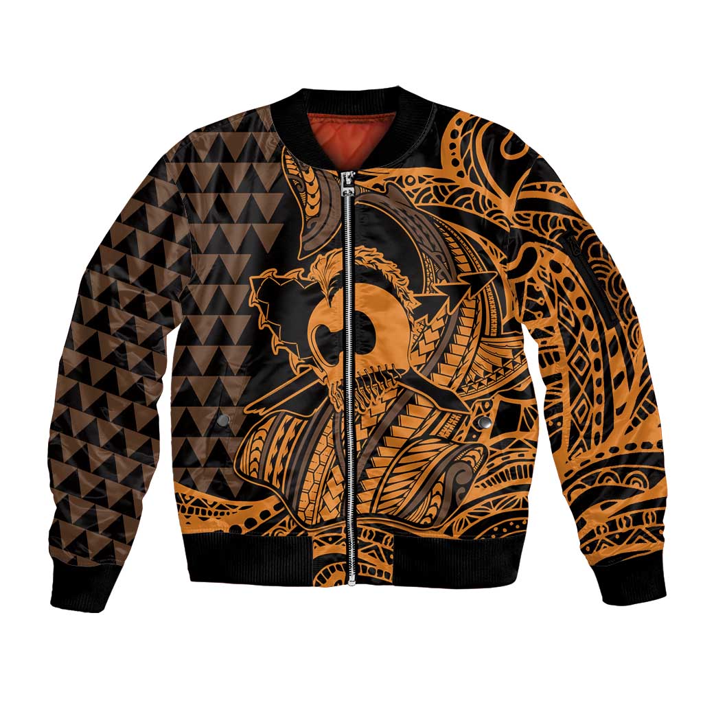 Koa Ikaika Warrior Helmet with Shark Sleeve Zip Bomber Jacket Gold Kakau Style