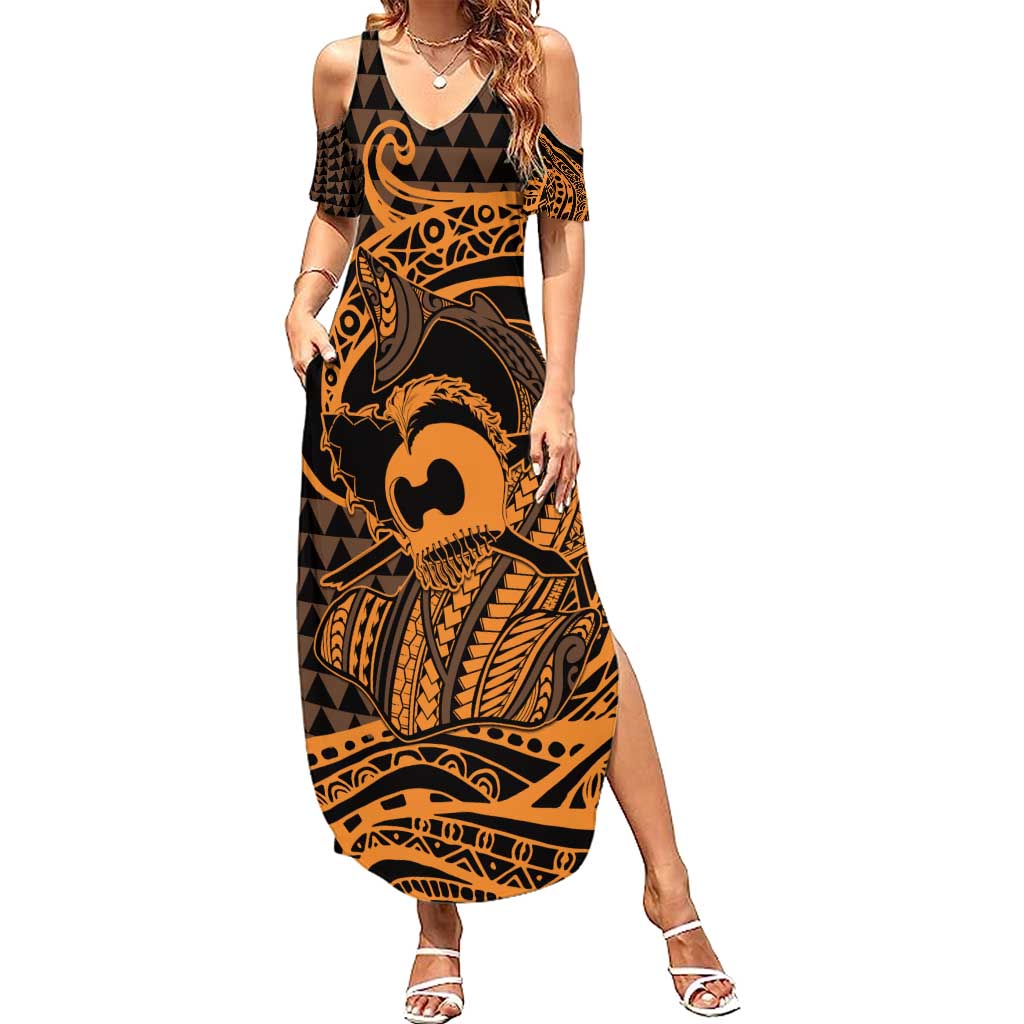 Koa Ikaika Warrior Helmet with Shark Summer Maxi Dress Gold Kakau Style