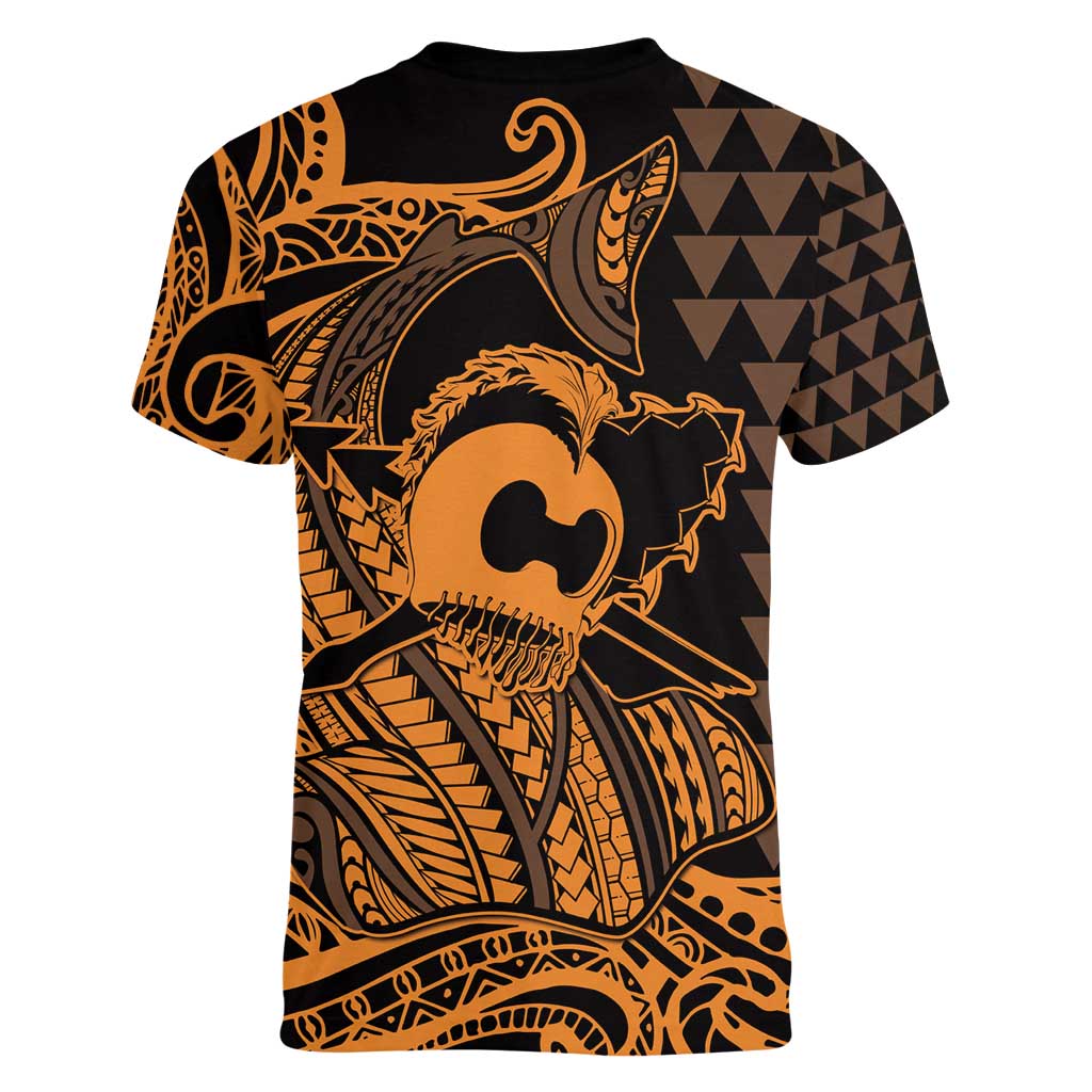 Koa Ikaika Warrior Helmet with Shark Women V-Neck T-Shirt Gold Kakau Style
