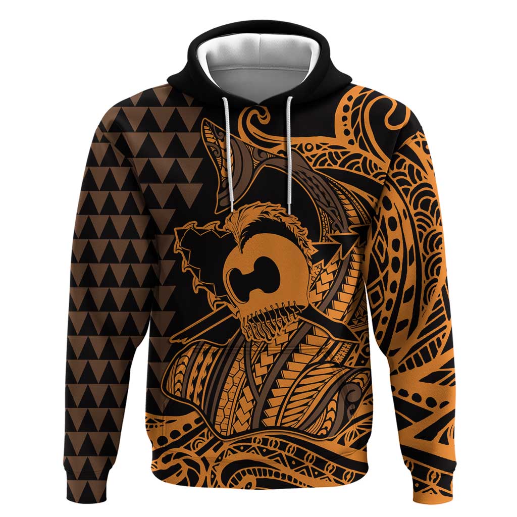 Koa Ikaika Warrior Helmet with Shark Zip Hoodie Gold Kakau Style LT9 Pullover Hoodie Gold - Polynesian Pride